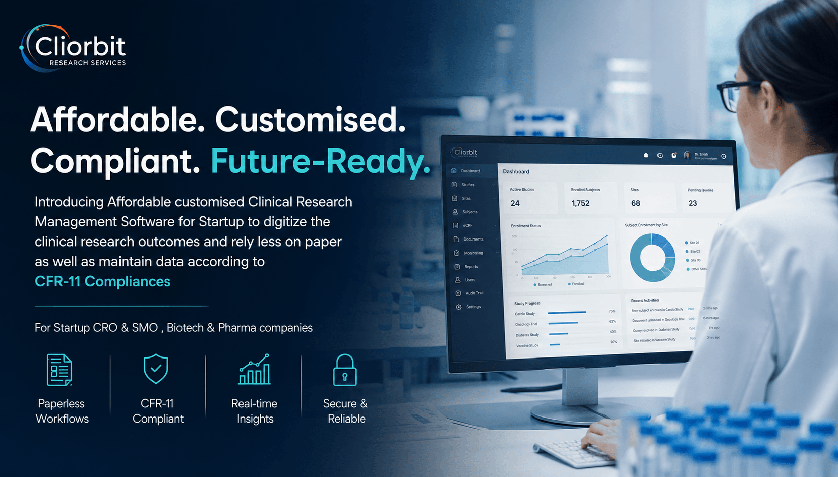 Cliorbit clinical research management software dashboard designed for startup CROs, SMOs, biotech and pharma companies to support paperless workflows, real-time study tracking, secure data management and CFR-11 compliant clinical research operations.